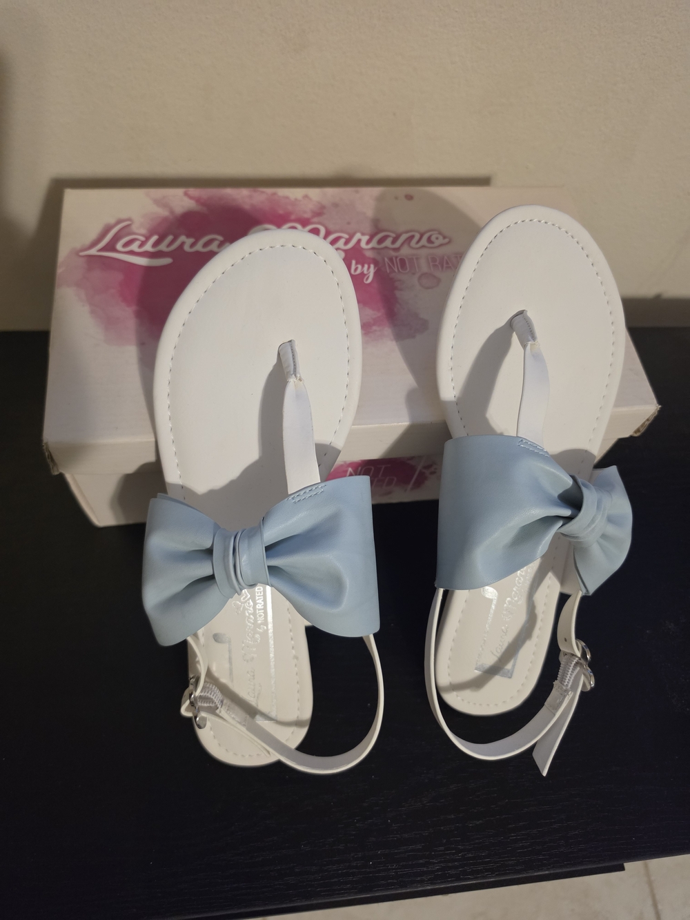 Laura Marano By Not Rated White Sandals with Light Blue Bow Accent